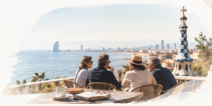 Four retirees talking over coffee on a terrace above the Barcelona seafront